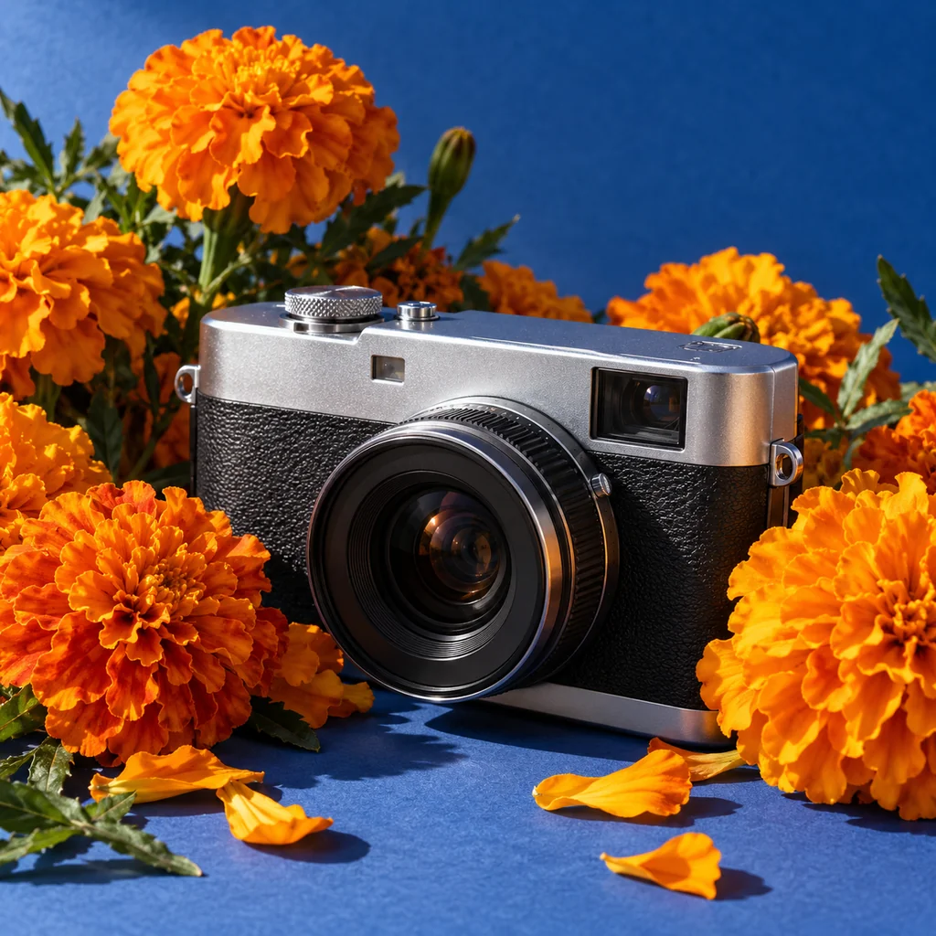 Silberne Retro-Kamera zwischen orangefarbenen Blüten als Fotografie